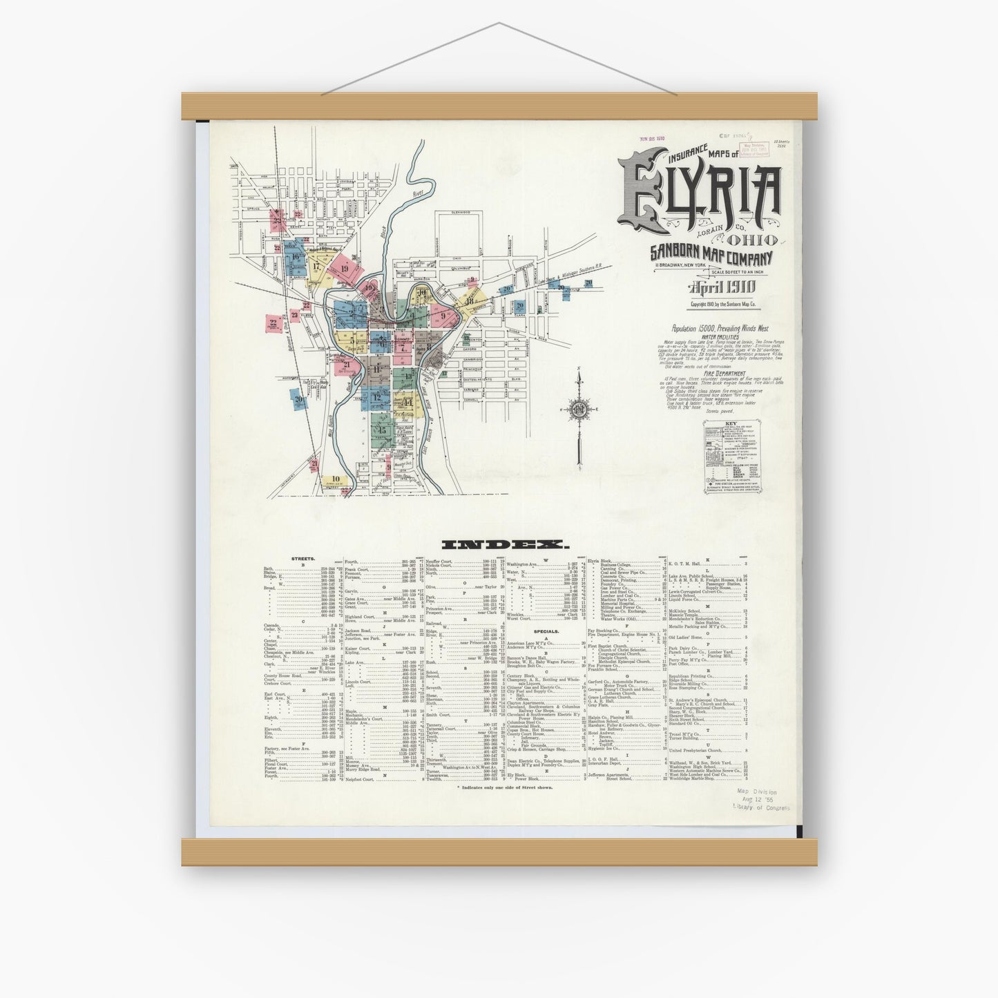 Old map wall art mockup — magnetic wood frame on white wall — Sanborn Fire Insurance Map from Elyria, Lorain County, Ohio (1910) - Complete Map Set