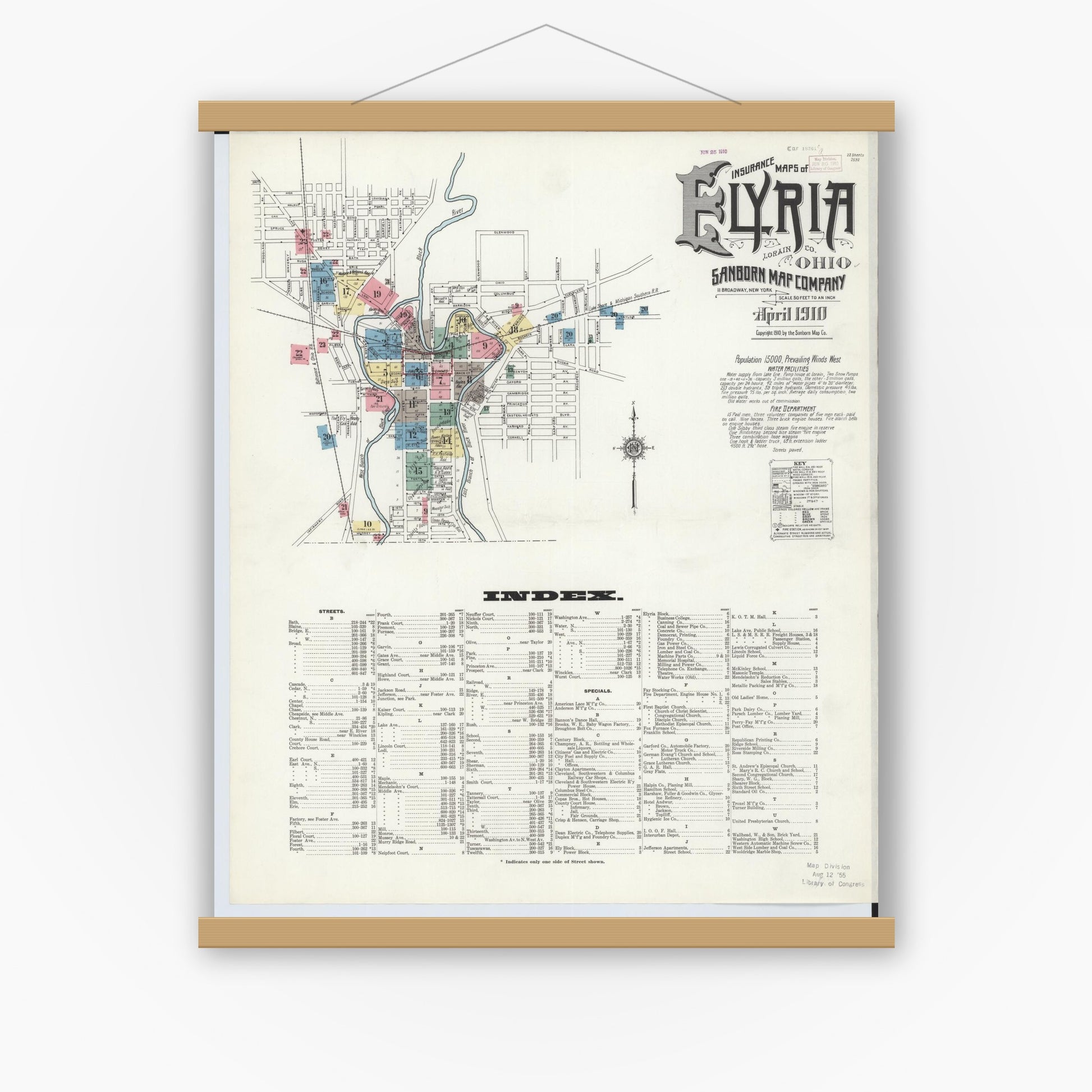 Old map wall art mockup — magnetic wood frame on white wall — Sanborn Fire Insurance Map from Elyria, Lorain County, Ohio (1910) - Complete Map Set