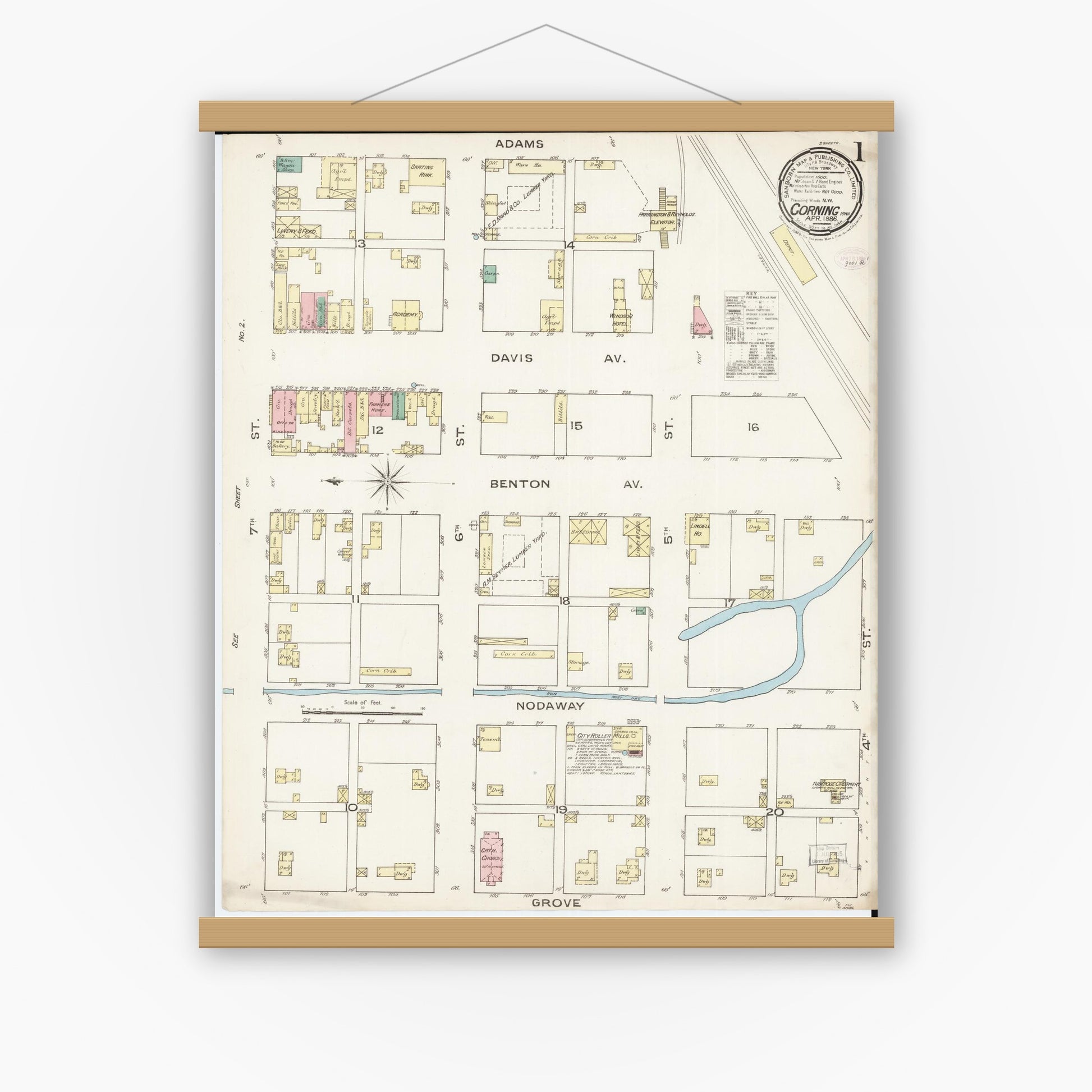 Old map wall art mockup — magnetic wood frame on white wall — Sanborn Fire Insurance Map from Corning, Adams County, Iowa (1886) â€” Complete Set