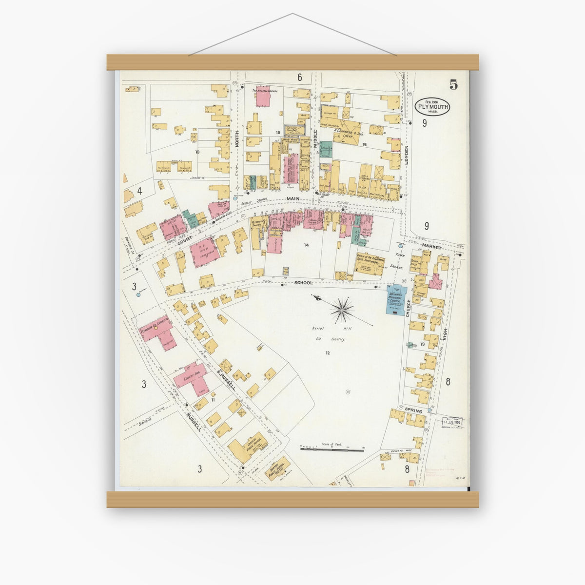 Old map wall art mockup — magnetic wood frame on white wall — Sanborn Fire Insurance Map from Plymouth, Plymouth County, Massachusetts (1906), Sheet #0005