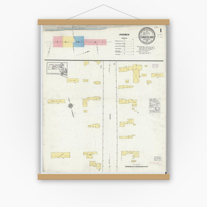 Old map wall art mockup — magnetic wood frame on white wall — Sanborn Fire Insurance Map from Sunderland, Franklin County, Massachusetts (1915), Sheet #0001
