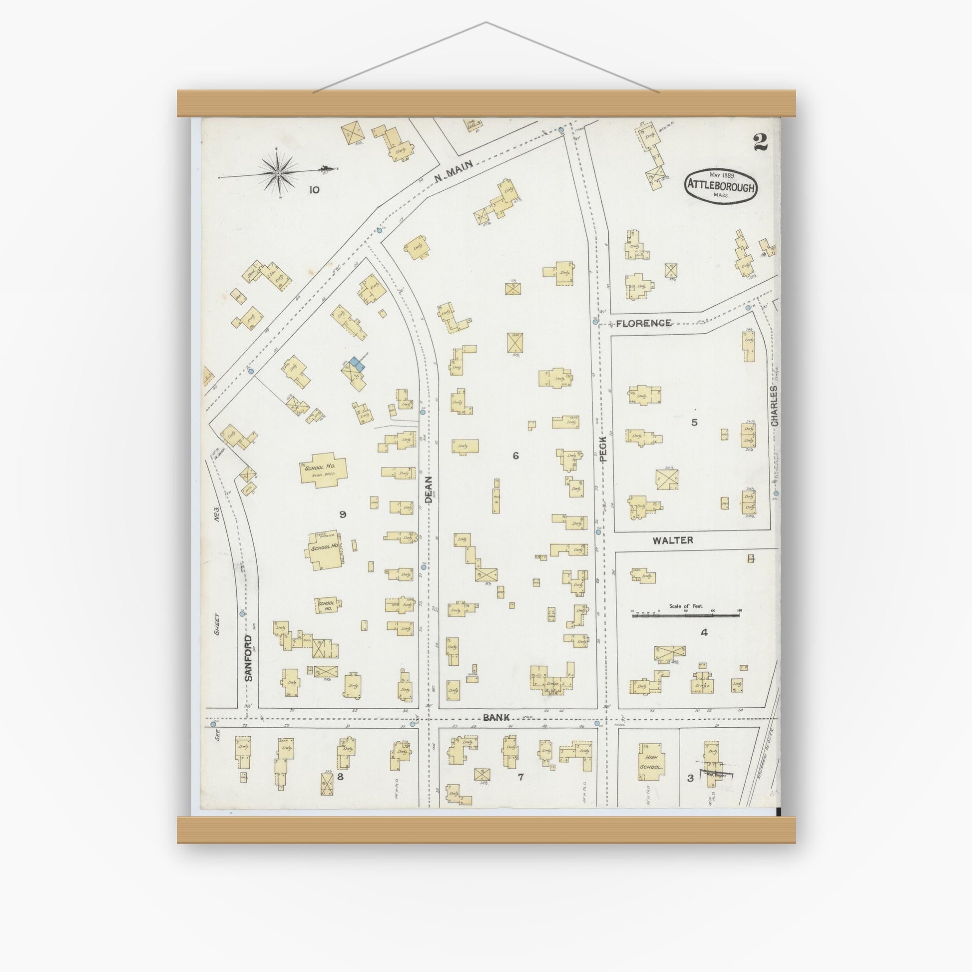 Old map wall art mockup — magnetic wood frame on white wall — Sanborn Fire Insurance Map from Attleboro, Bristol County, Massachusetts (1889), Sheet #0002