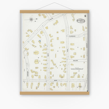 Old map wall art mockup — magnetic wood frame on white wall — Sanborn Fire Insurance Map from Attleboro, Bristol County, Massachusetts (1889), Sheet #0002