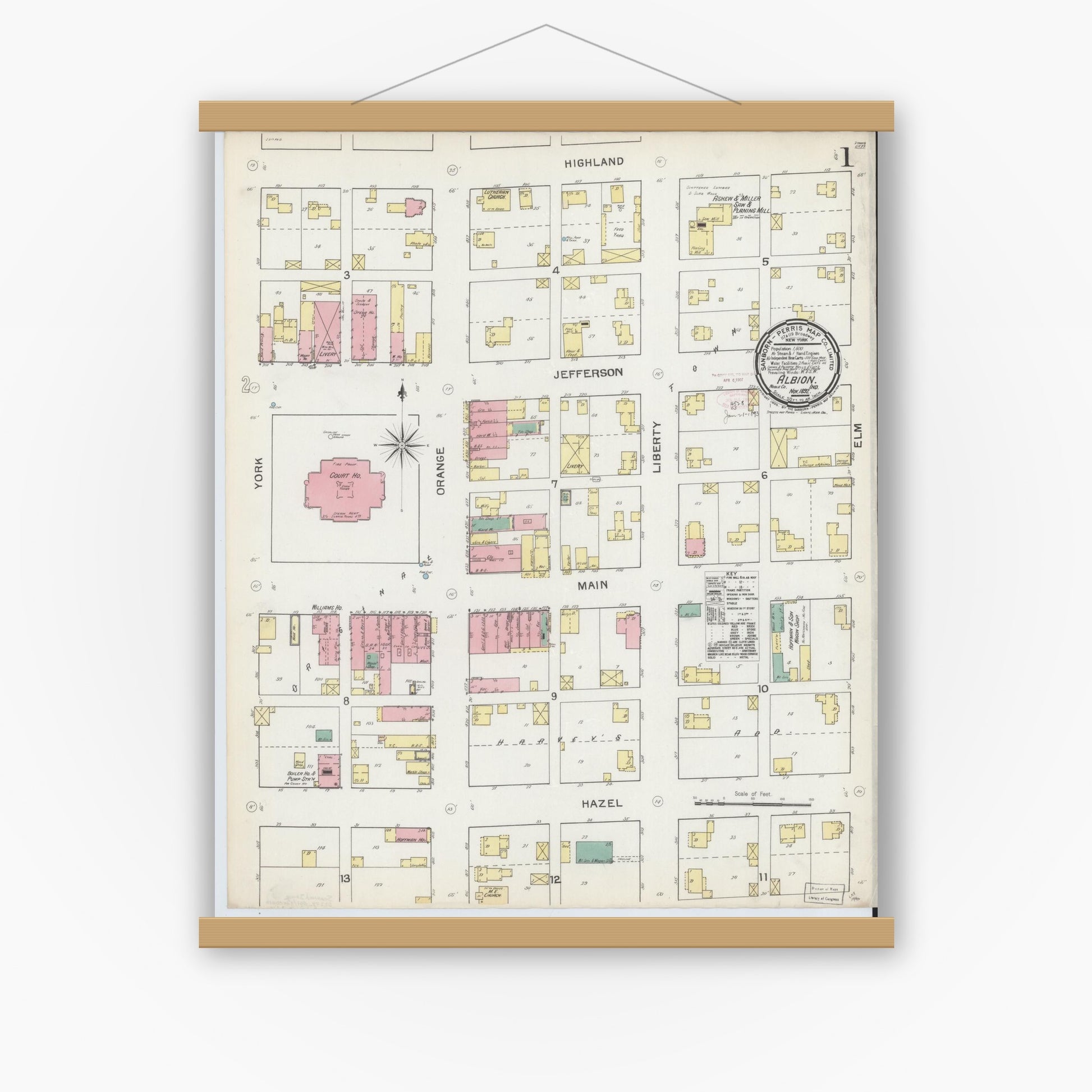 Old map wall art mockup — magnetic wood frame on white wall — Sanborn Fire Insurance Map from Albion, Noble County, Indiana (1892), Sheet #0001