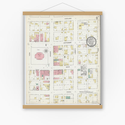 Old map wall art mockup — magnetic wood frame on white wall — Sanborn Fire Insurance Map from Albion, Noble County, Indiana (1892), Sheet #0001