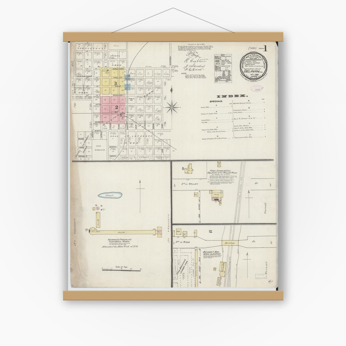 Old map wall art mockup — magnetic wood frame on white wall — Sanborn Fire Insurance Map from Delavan, Tazewell County, Illinois (1888) - Complete Map Set