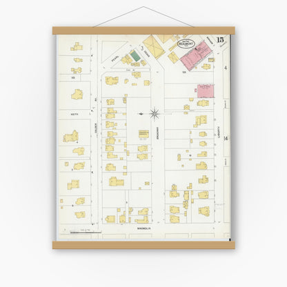 Old map wall art mockup — magnetic wood frame on white wall — Sanborn Fire Insurance Map from Beaumont, Jefferson County, Texas (1902), Sheet #0015