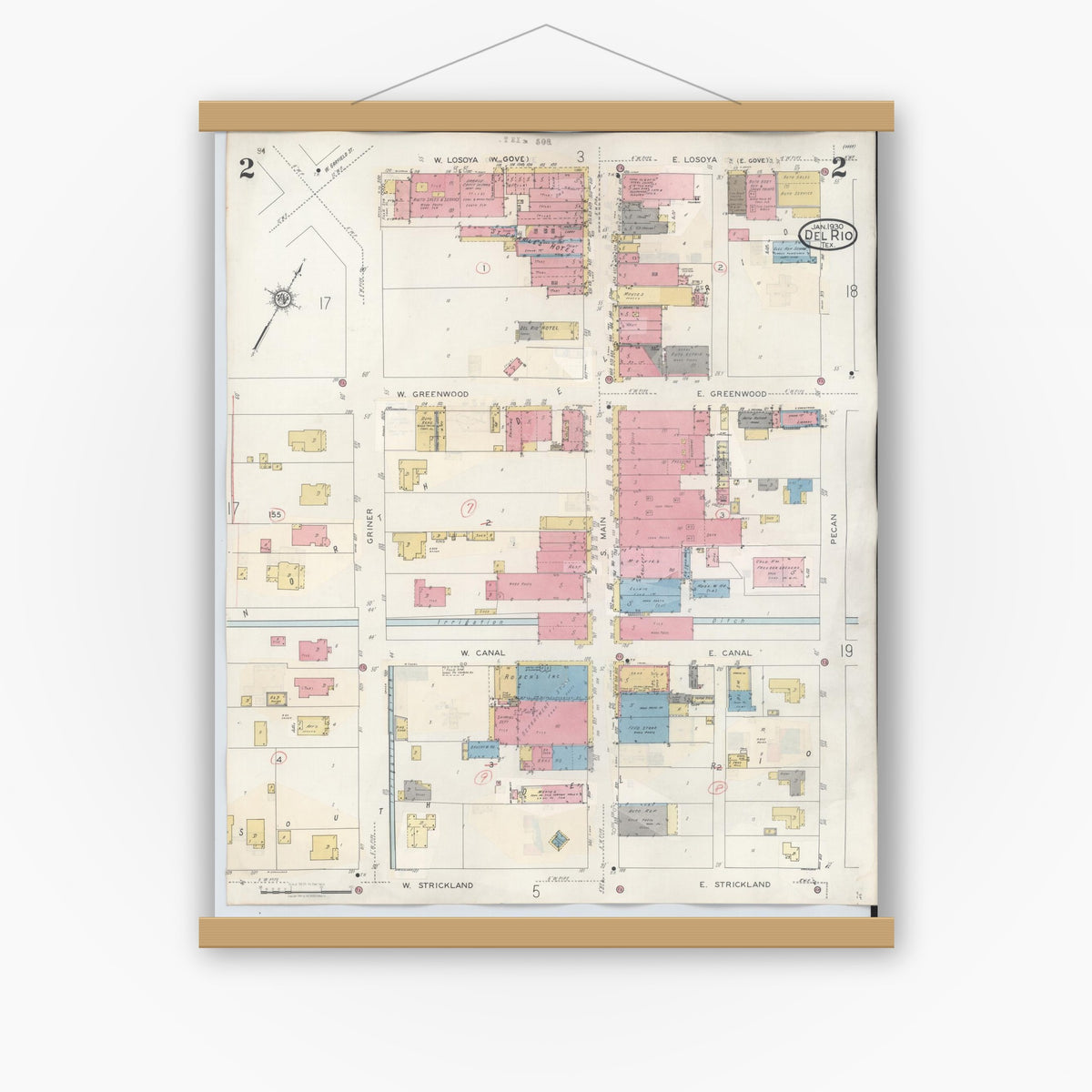 Old map wall art mockup — magnetic wood frame on white wall — Sanborn Fire Insurance Map from Del Rio, Val Verde County, Texas (1948), Sheet #0002