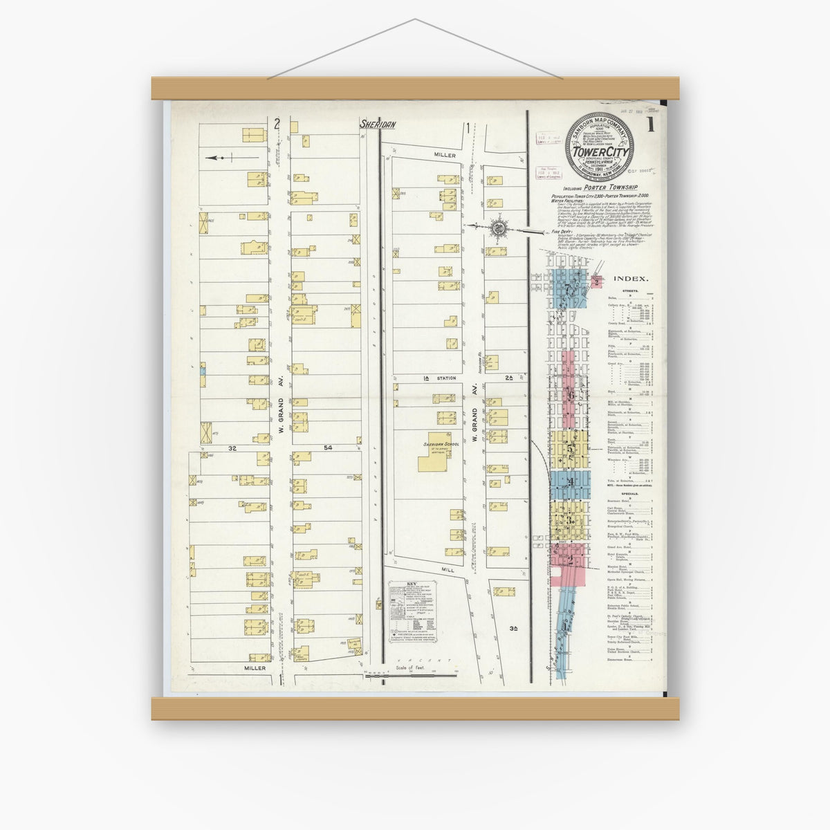 Old map wall art mockup — magnetic wood frame on white wall — Sanborn Fire Insurance Map from Tower City, Schuylkill County, Pennsylvania (1911) - Complete Map Set