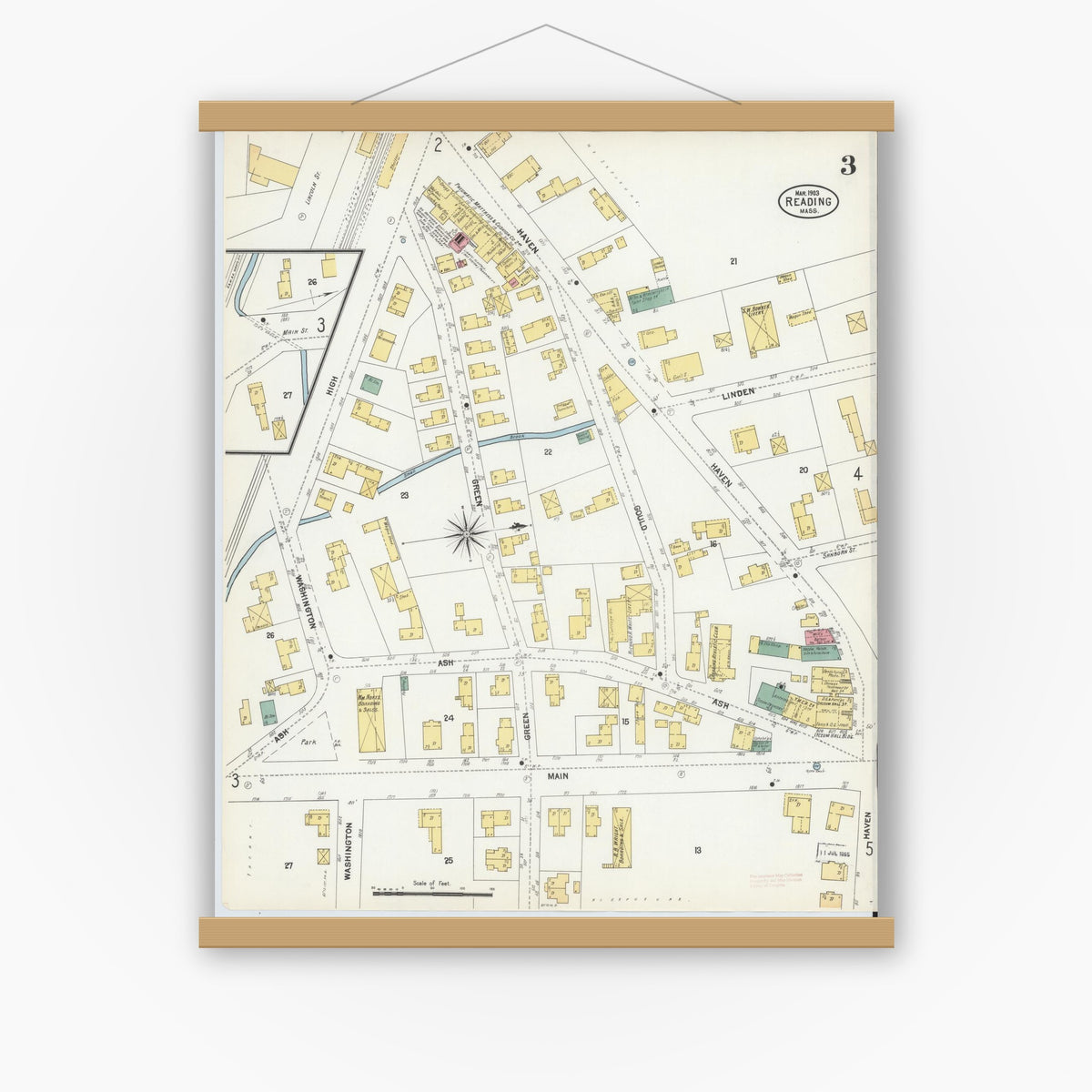 Old map wall art mockup — magnetic wood frame on white wall — Sanborn Fire Insurance Map from Reading, Middlesex County, Massachusetts (1903), Sheet #0003
