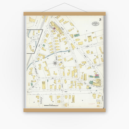 Old map wall art mockup — magnetic wood frame on white wall — Sanborn Fire Insurance Map from Reading, Middlesex County, Massachusetts (1903), Sheet #0003