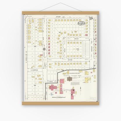 Old map wall art mockup — magnetic wood frame on white wall — Sanborn Fire Insurance Map from Alliance, Stark County, Ohio (1921), Sheet #0029