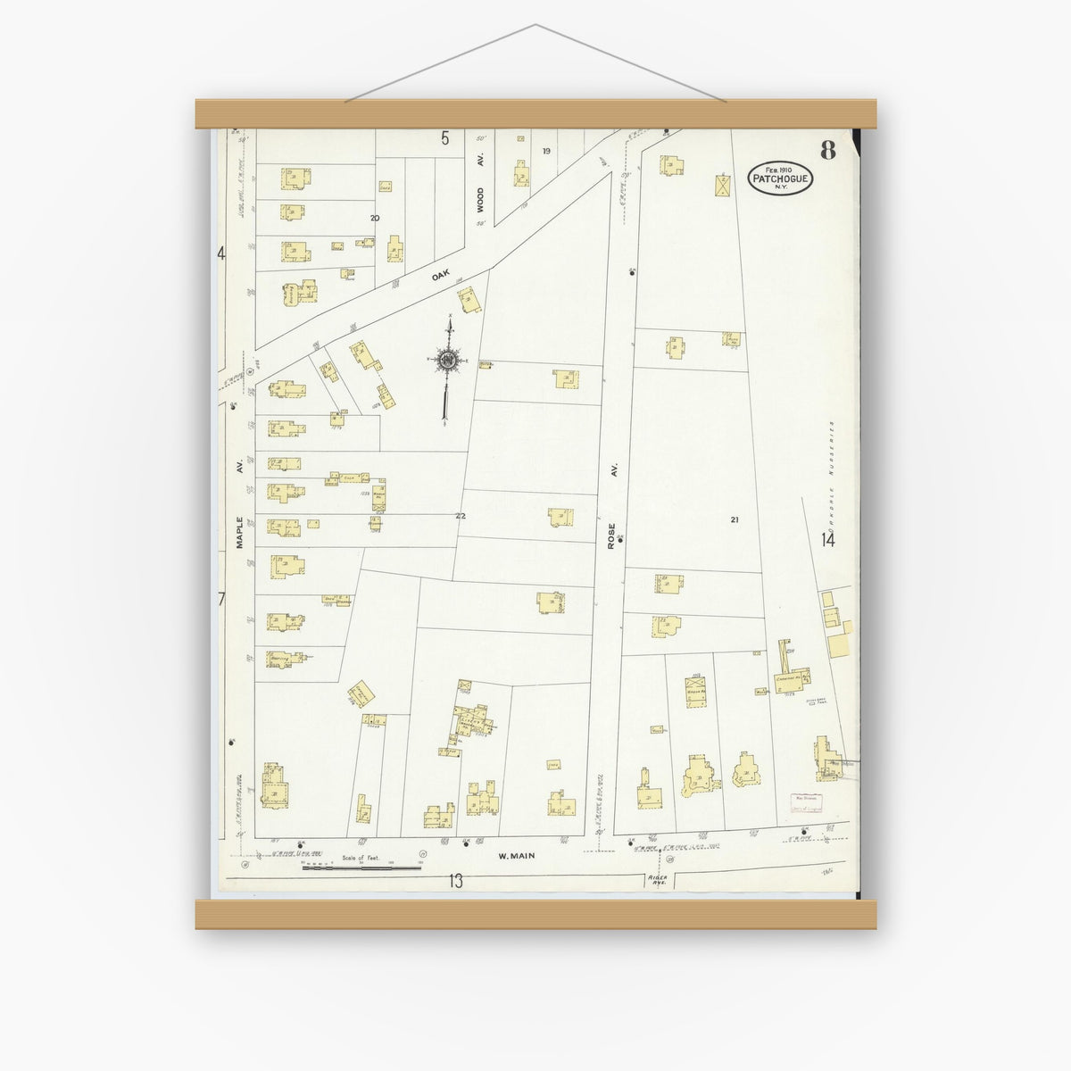 Old map wall art mockup — magnetic wood frame on white wall — Sanborn Fire Insurance Map from Patchogue, Suffolk County, New York (1910), Sheet #0008