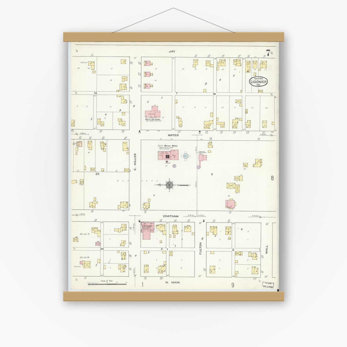 Old map wall art mockup — magnetic wood frame on white wall — Sanborn Fire Insurance Map from Ligonier, Noble County, Indiana (1914), Sheet #0007