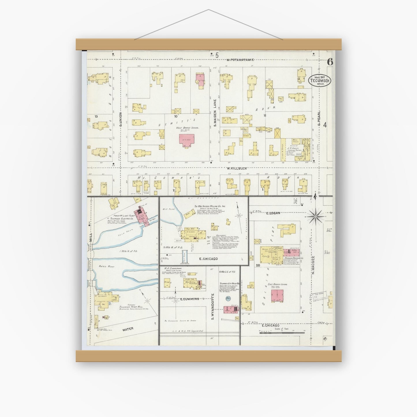 Old map wall art mockup — magnetic wood frame on white wall — Sanborn Fire Insurance Map from Tecumseh, Lenawee County, Michigan (1907), Sheet #0006