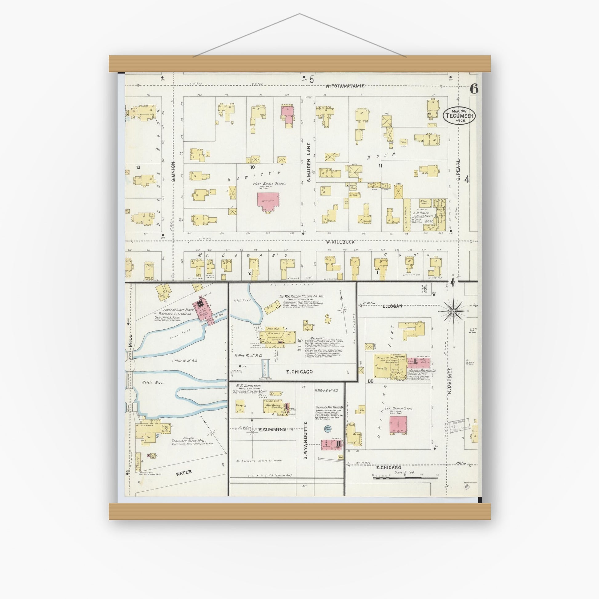 Old map wall art mockup — magnetic wood frame on white wall — Sanborn Fire Insurance Map from Tecumseh, Lenawee County, Michigan (1907), Sheet #0006