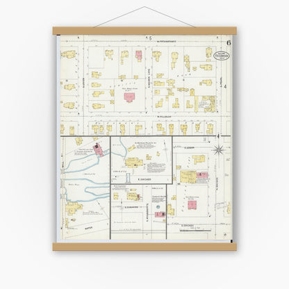 Old map wall art mockup — magnetic wood frame on white wall — Sanborn Fire Insurance Map from Tecumseh, Lenawee County, Michigan (1907), Sheet #0006