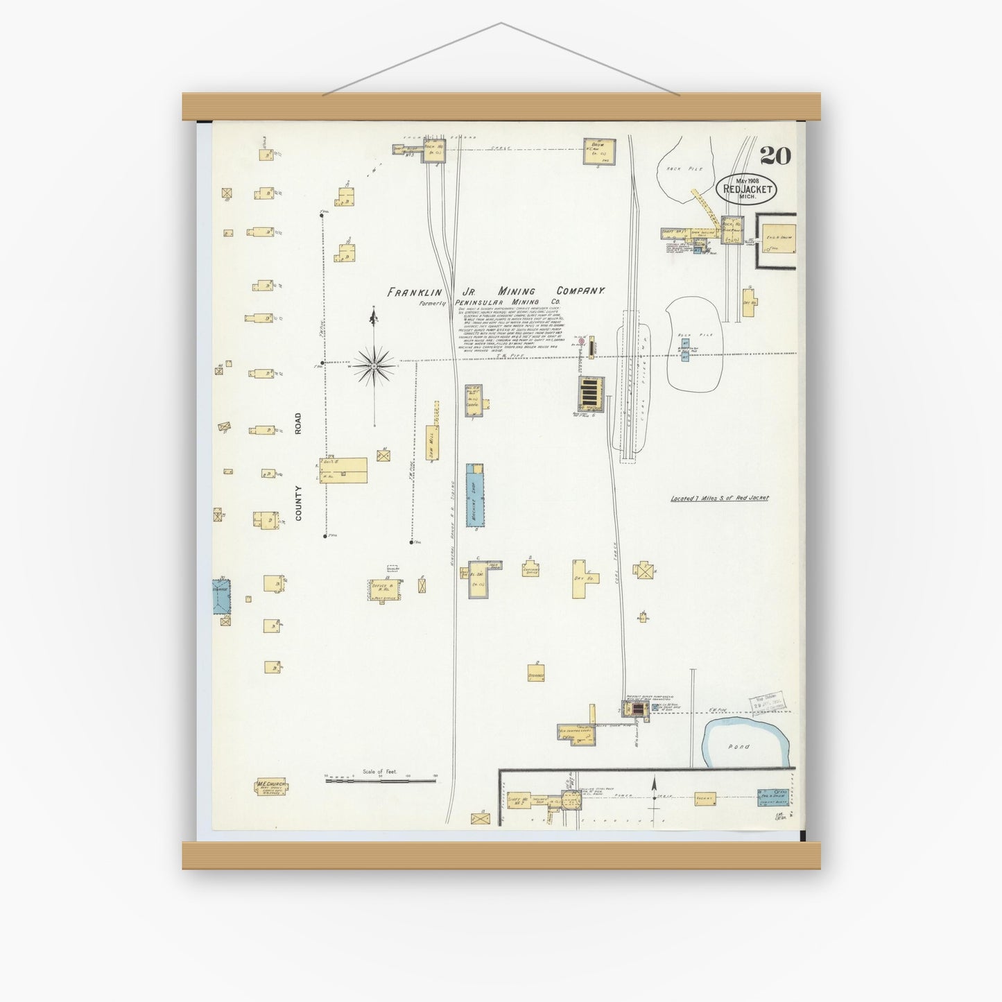 Old map wall art mockup — magnetic wood frame on white wall — Sanborn Fire Insurance Map from Red Jacket, Houghton County, Michigan (1908), Sheet #0020