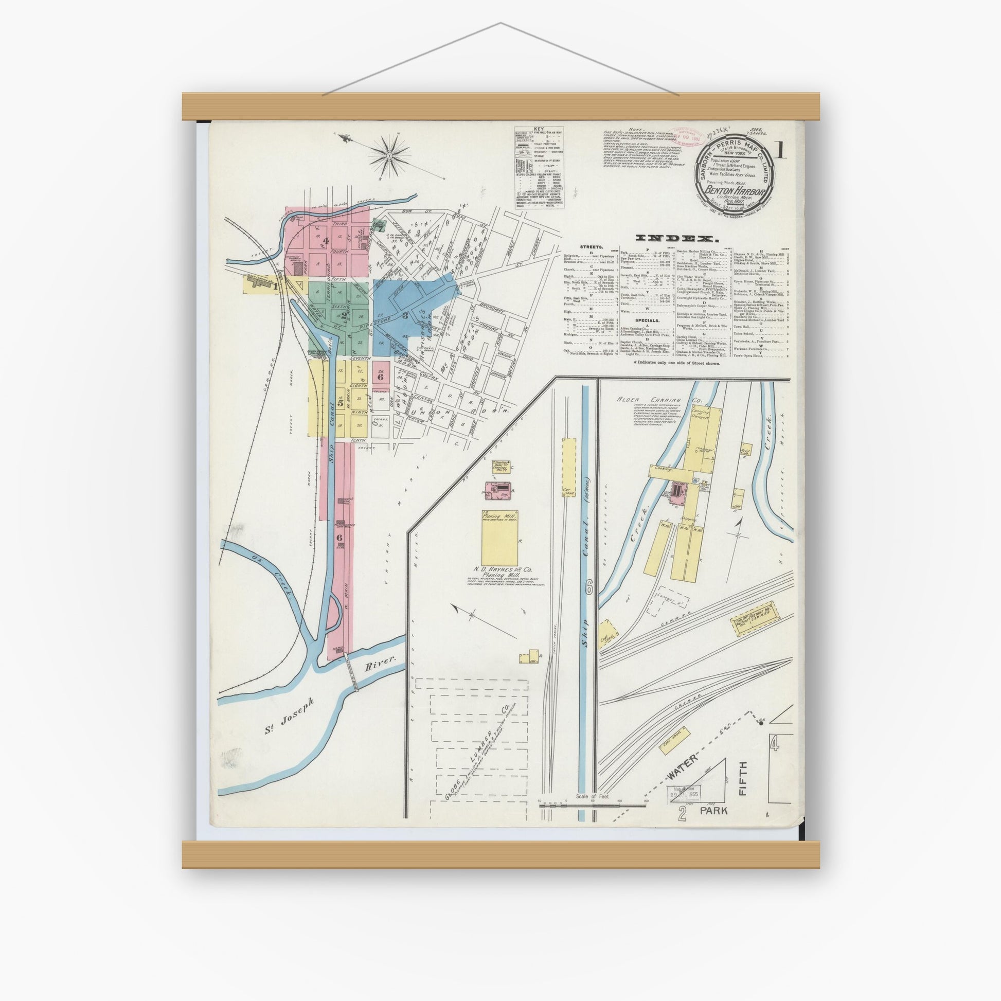 Old map wall art mockup — magnetic wood frame on white wall — Sanborn Fire Insurance Map from Benton Harbor, Berrien County, Michigan (1892) - Complete Map Set