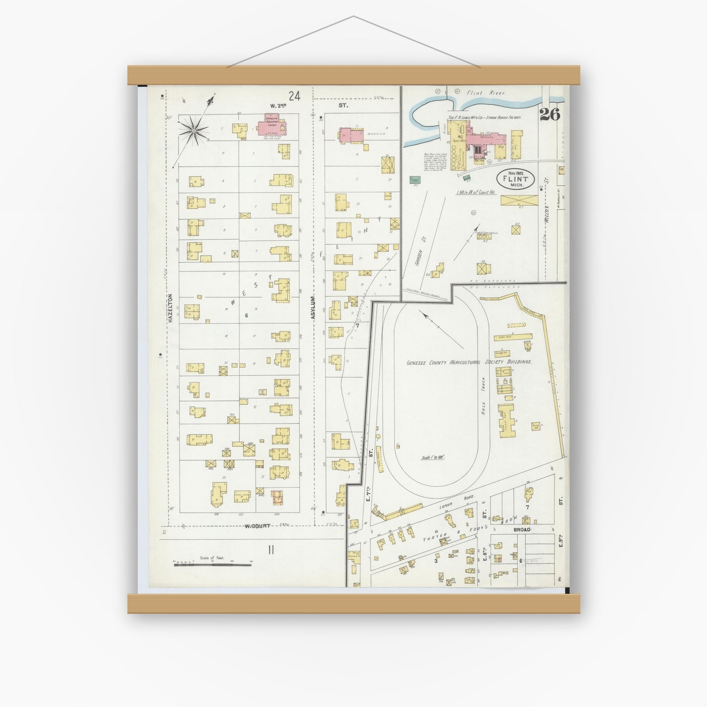 Old map wall art mockup — magnetic wood frame on white wall — Sanborn Fire Insurance Map from Flint, Genesee County, Michigan (1902), Sheet #0026