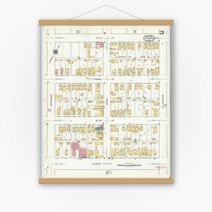 Old map wall art mockup — magnetic wood frame on white wall — Sanborn Fire Insurance Map from Peru, Miami County, Indiana (1920), Sheet #0021
