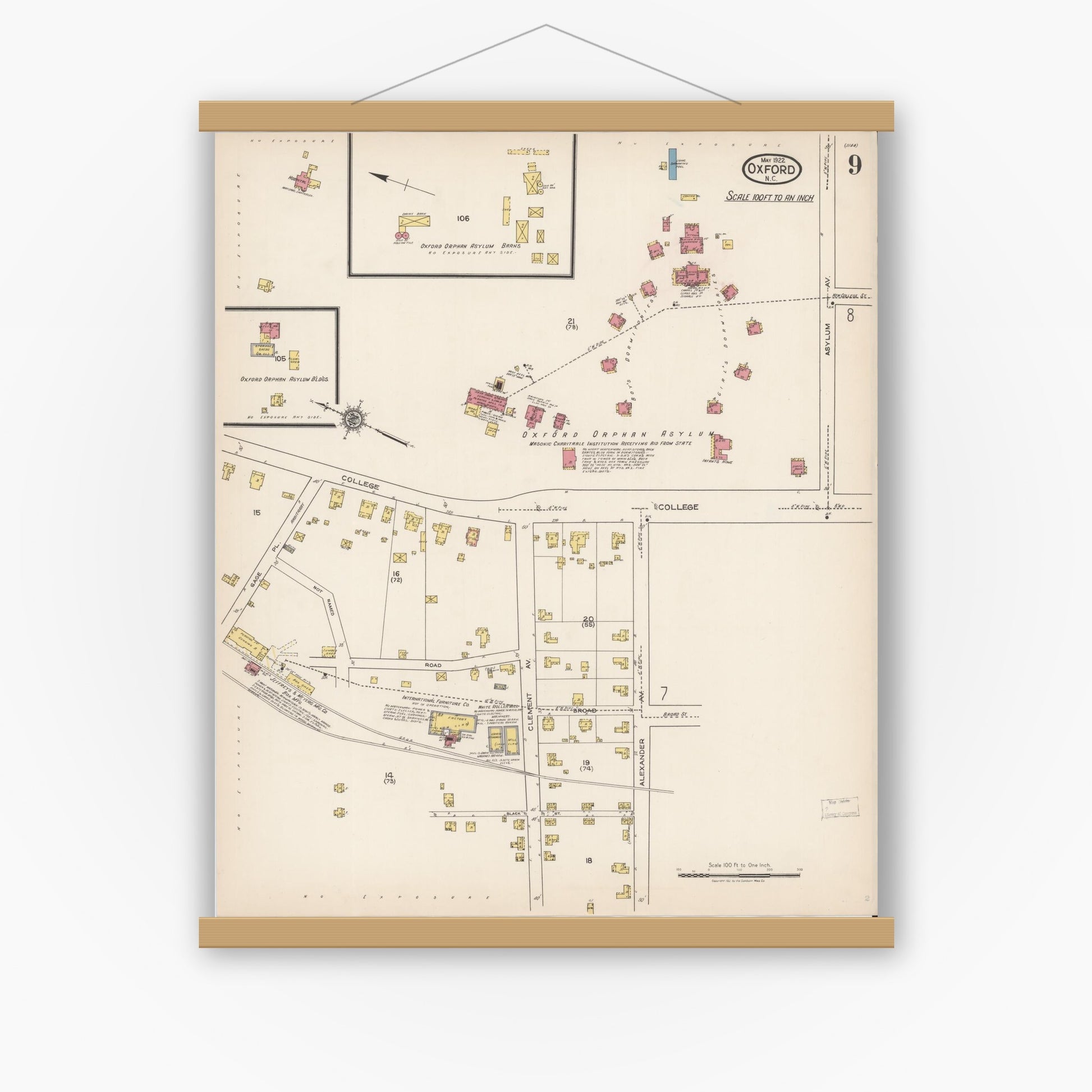 Old map wall art mockup — magnetic wood frame on white wall — Sanborn Fire Insurance Map from Oxford, Granville County, North Carolina (1922), Sheet #0009