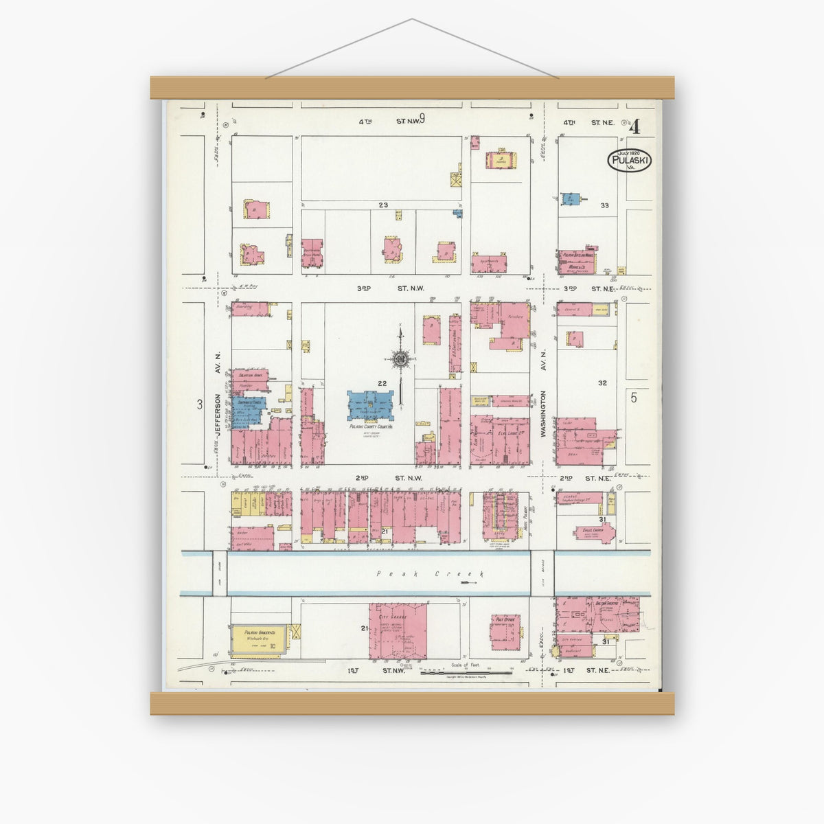 Old map wall art mockup — magnetic wood frame on white wall — Sanborn Fire Insurance Map from Pulaski, Pulaski County, Virginia (1920), Sheet #0004