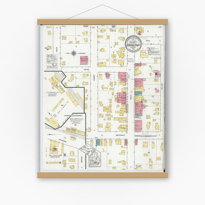 Old map wall art mockup — magnetic wood frame on white wall — Sanborn Fire Insurance Map from Springport, Jackson County, Michigan (1918), Sheet #0001