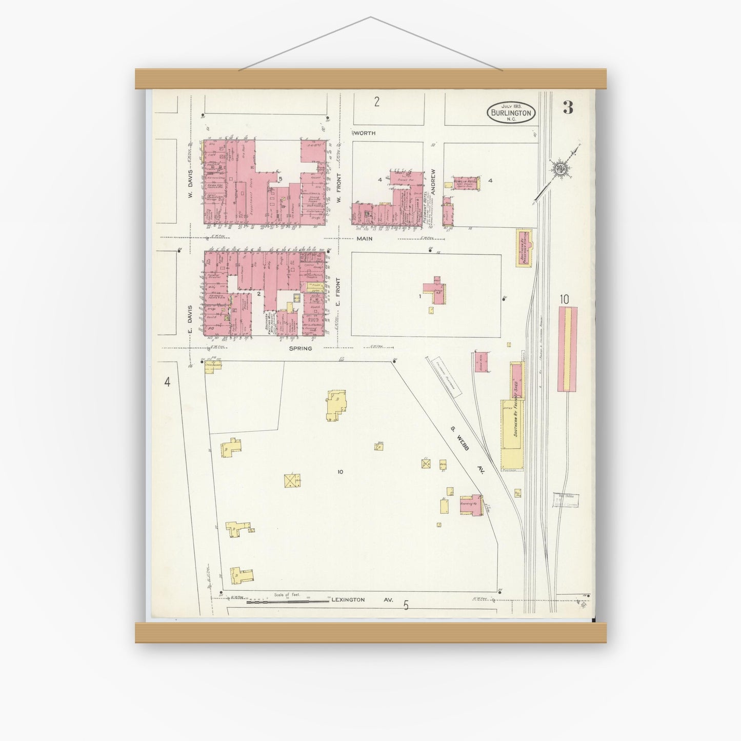 Old map wall art mockup — magnetic wood frame on white wall — Sanborn Fire Insurance Map from Burlington, Alamance County, North Carolina (1913), Sheet #0003