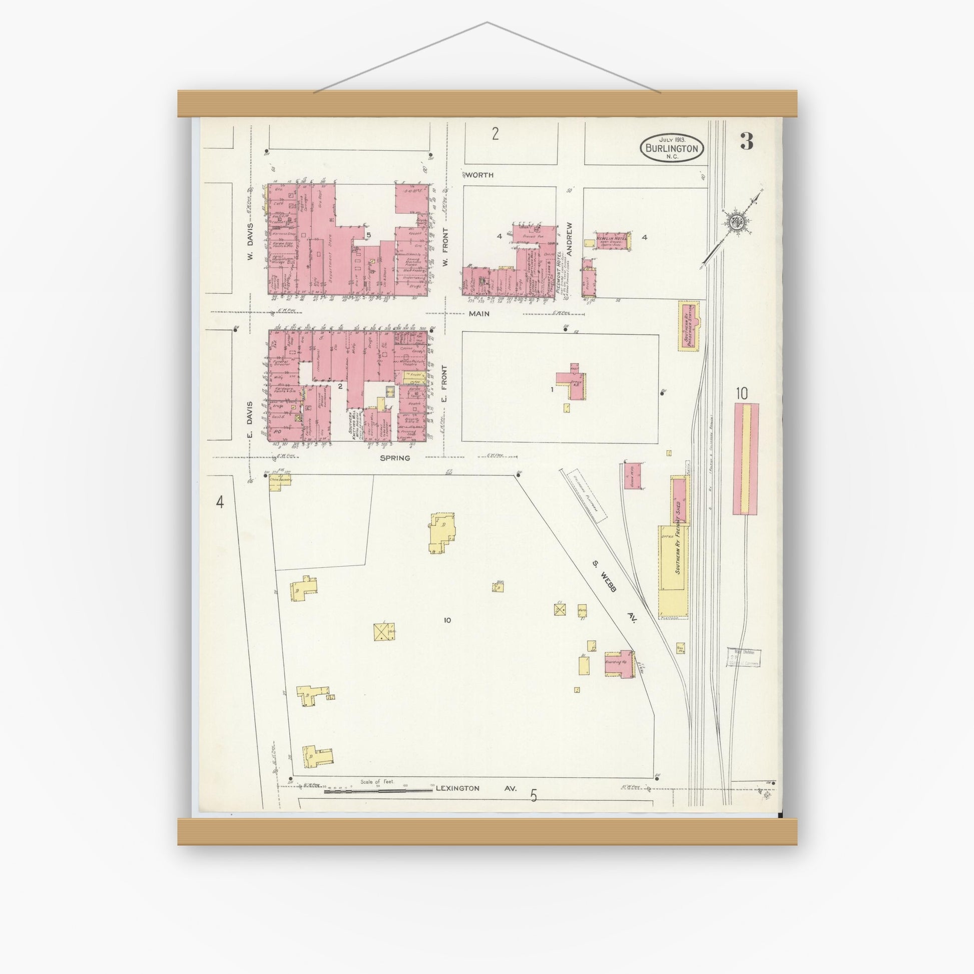 Old map wall art mockup — magnetic wood frame on white wall — Sanborn Fire Insurance Map from Burlington, Alamance County, North Carolina (1913), Sheet #0003