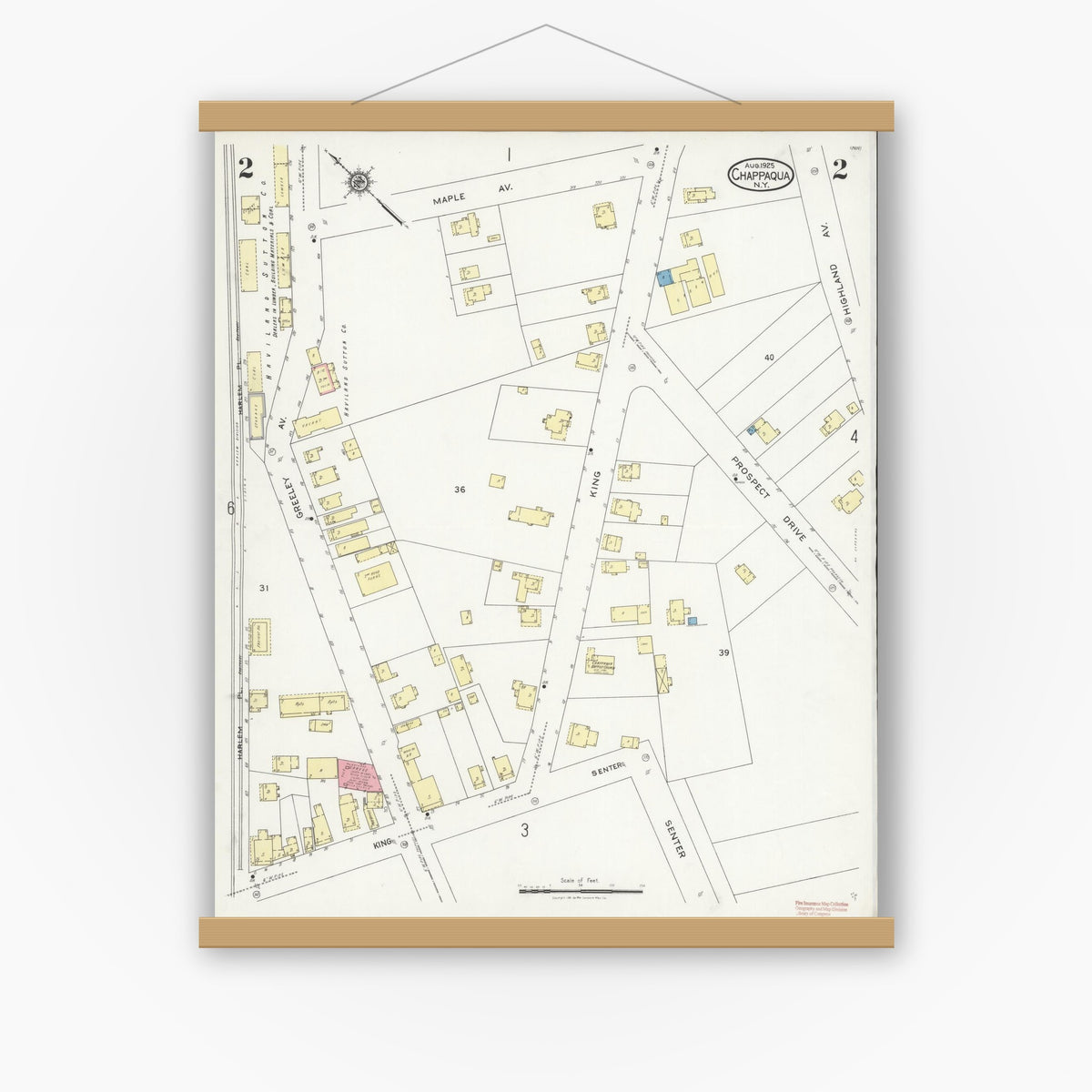 Old map wall art mockup — magnetic wood frame on white wall — Sanborn Fire Insurance Map from Chappaqua, Westchester County, New York (1925), Sheet #0002
