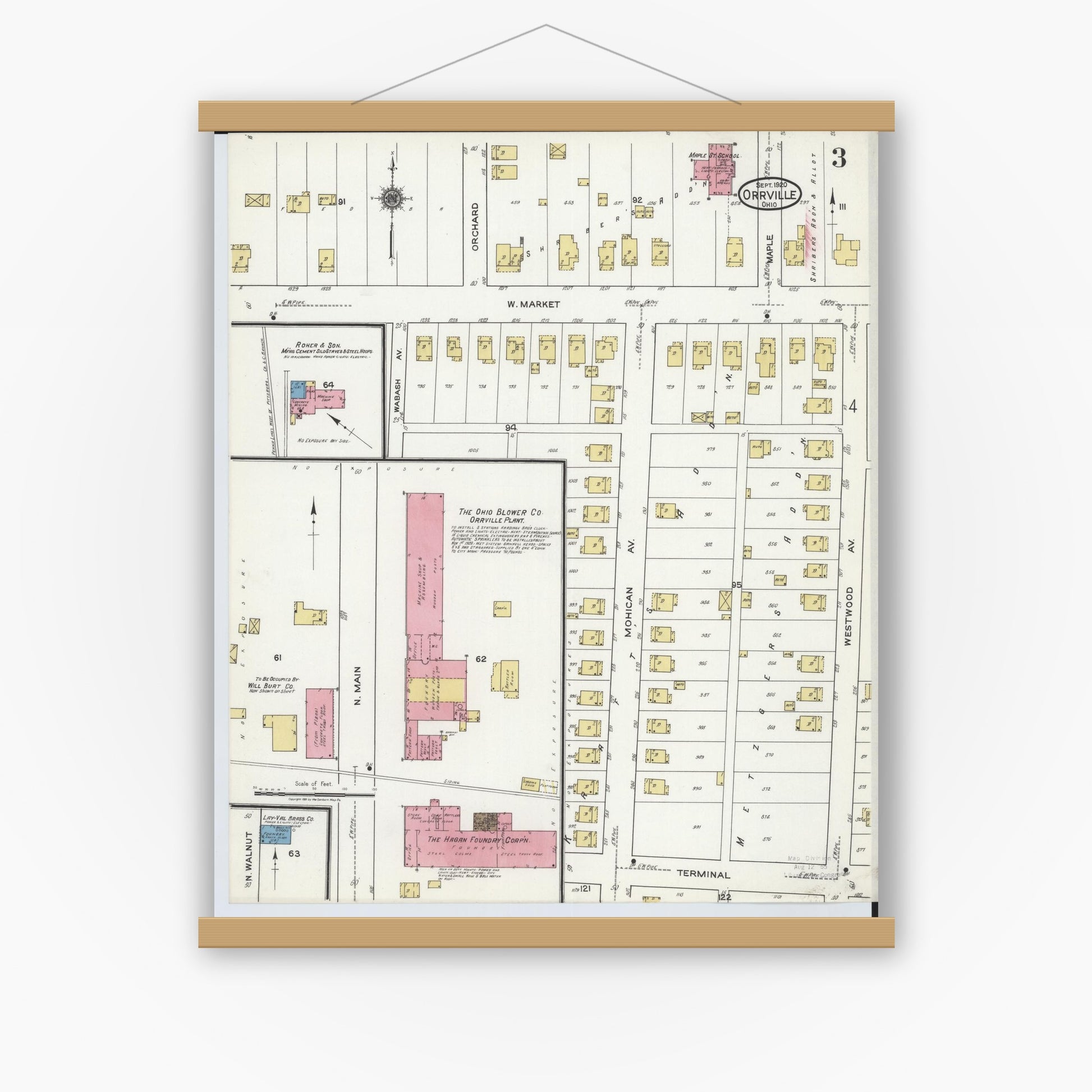 Old map wall art mockup — magnetic wood frame on white wall — Sanborn Fire Insurance Map from Orrville, Wayne County, Ohio (1920), Sheet #0003