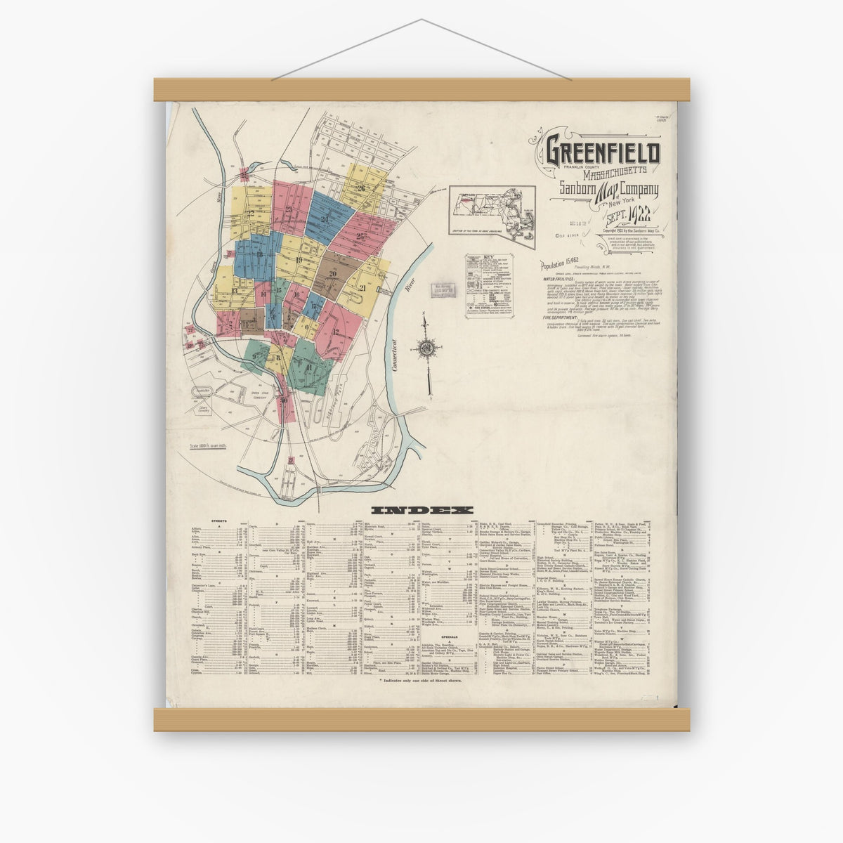 Old map wall art mockup — magnetic wood frame on white wall — Sanborn Fire Insurance Map from Greenfield, Franklin County, Massachusetts (1922), Sheet #0001