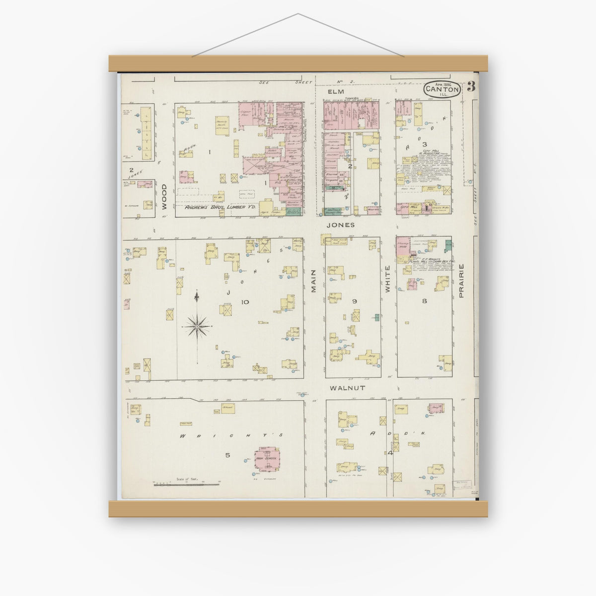 Old map wall art mockup — magnetic wood frame on white wall — Sanborn Fire Insurance Map from Canton, Fulton County, Illinois (1886), Sheet #0003