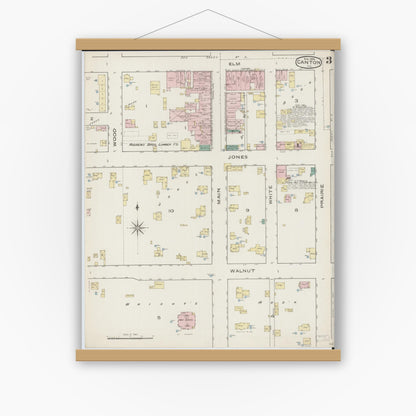 Old map wall art mockup — magnetic wood frame on white wall — Sanborn Fire Insurance Map from Canton, Fulton County, Illinois (1886), Sheet #0003