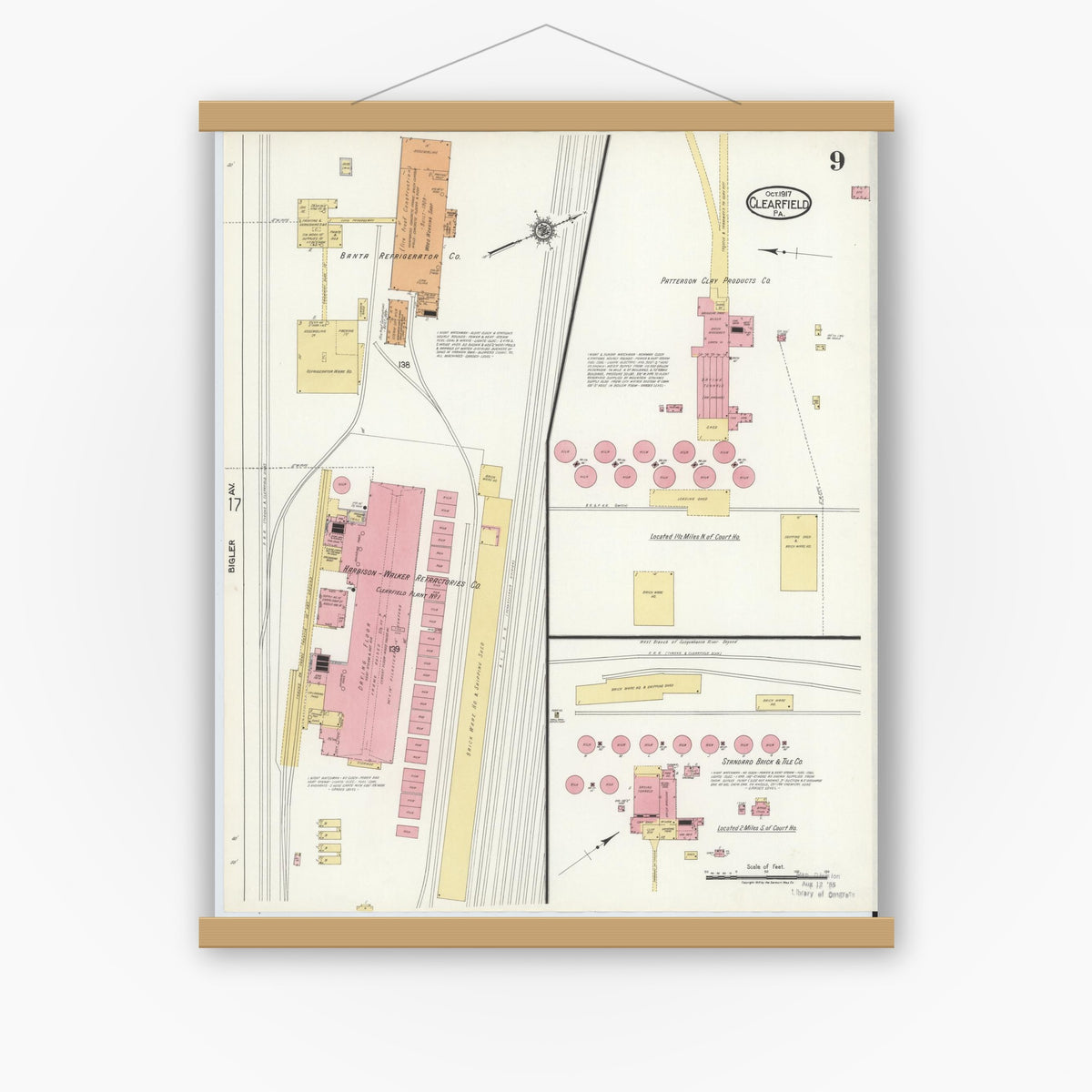 Old map wall art mockup — magnetic wood frame on white wall — Sanborn Fire Insurance Map from Clearfield, Clearfield County, Pennsylvania (1917), Sheet #0009