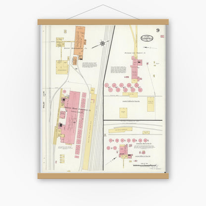 Old map wall art mockup — magnetic wood frame on white wall — Sanborn Fire Insurance Map from Clearfield, Clearfield County, Pennsylvania (1917), Sheet #0009