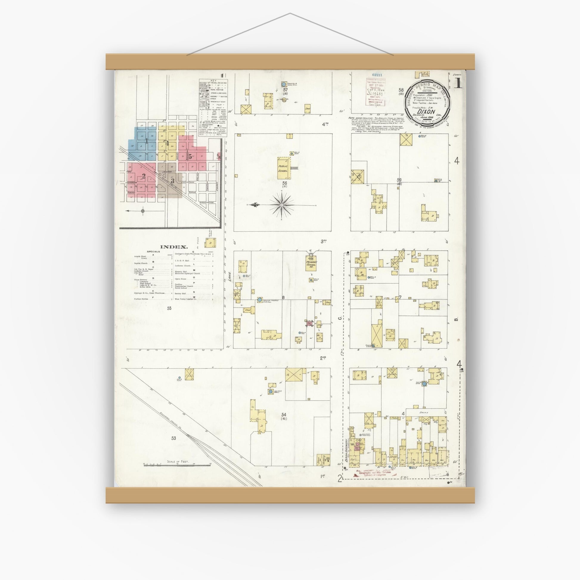 Old map wall art mockup — magnetic wood frame on white wall — Sanborn Fire Insurance Map from Dixon, Solano County, California (1900) - Complete Map Set
