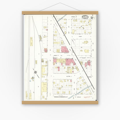 Old map wall art mockup — magnetic wood frame on white wall — Sanborn Fire Insurance Map from Dunlap, Harrison County, Iowa (1913), Sheet #0003
