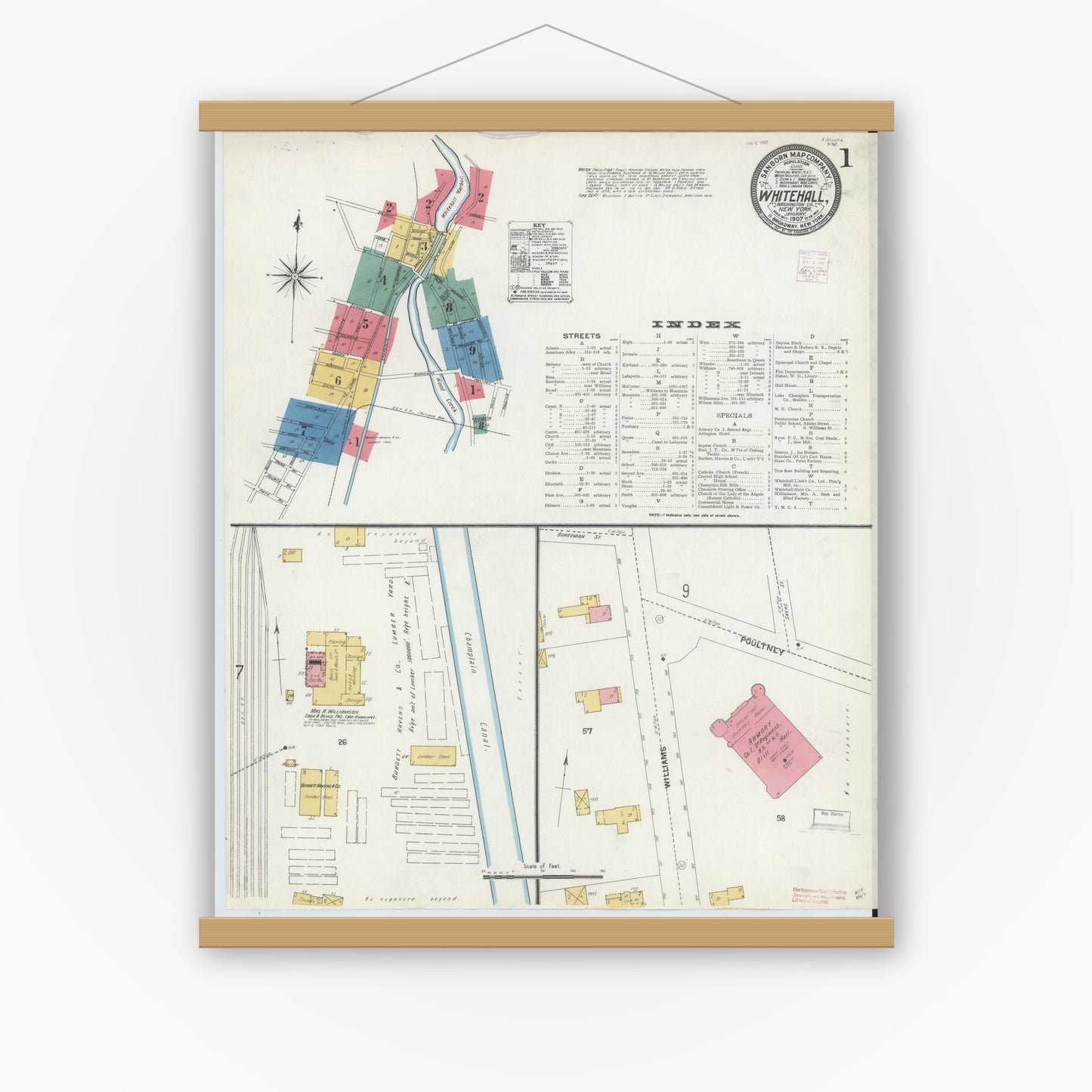 Old map wall art mockup — magnetic wood frame on white wall — Sanborn Fire Insurance Map from Whitehall, Washington County, New York (1907), Sheet #0001