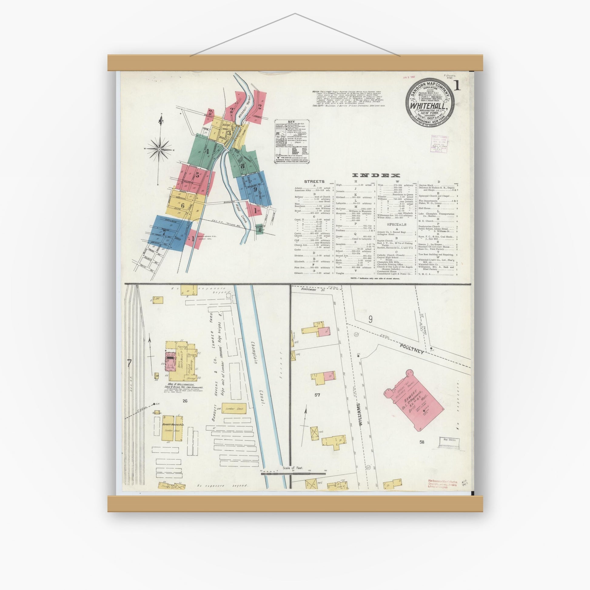 Old map wall art mockup — magnetic wood frame on white wall — Sanborn Fire Insurance Map from Whitehall, Washington County, New York (1907), Sheet #0001
