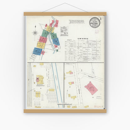 Old map wall art mockup — magnetic wood frame on white wall — Sanborn Fire Insurance Map from Whitehall, Washington County, New York (1907), Sheet #0001