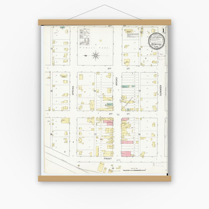 Old map wall art mockup — magnetic wood frame on white wall — Sanborn Fire Insurance Map from Humeston, Wayne County, Iowa (1893), Sheet #0001