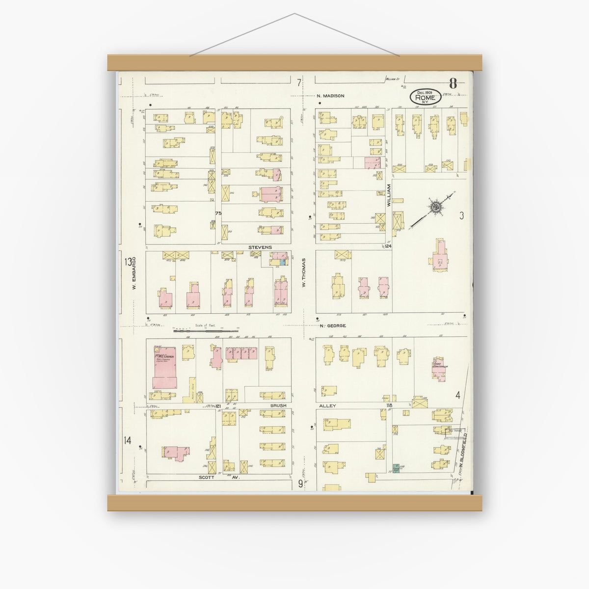 Old map wall art mockup — magnetic wood frame on white wall — Sanborn Fire Insurance Map from Rome, Oneida County, New York (1909), Sheet #0008