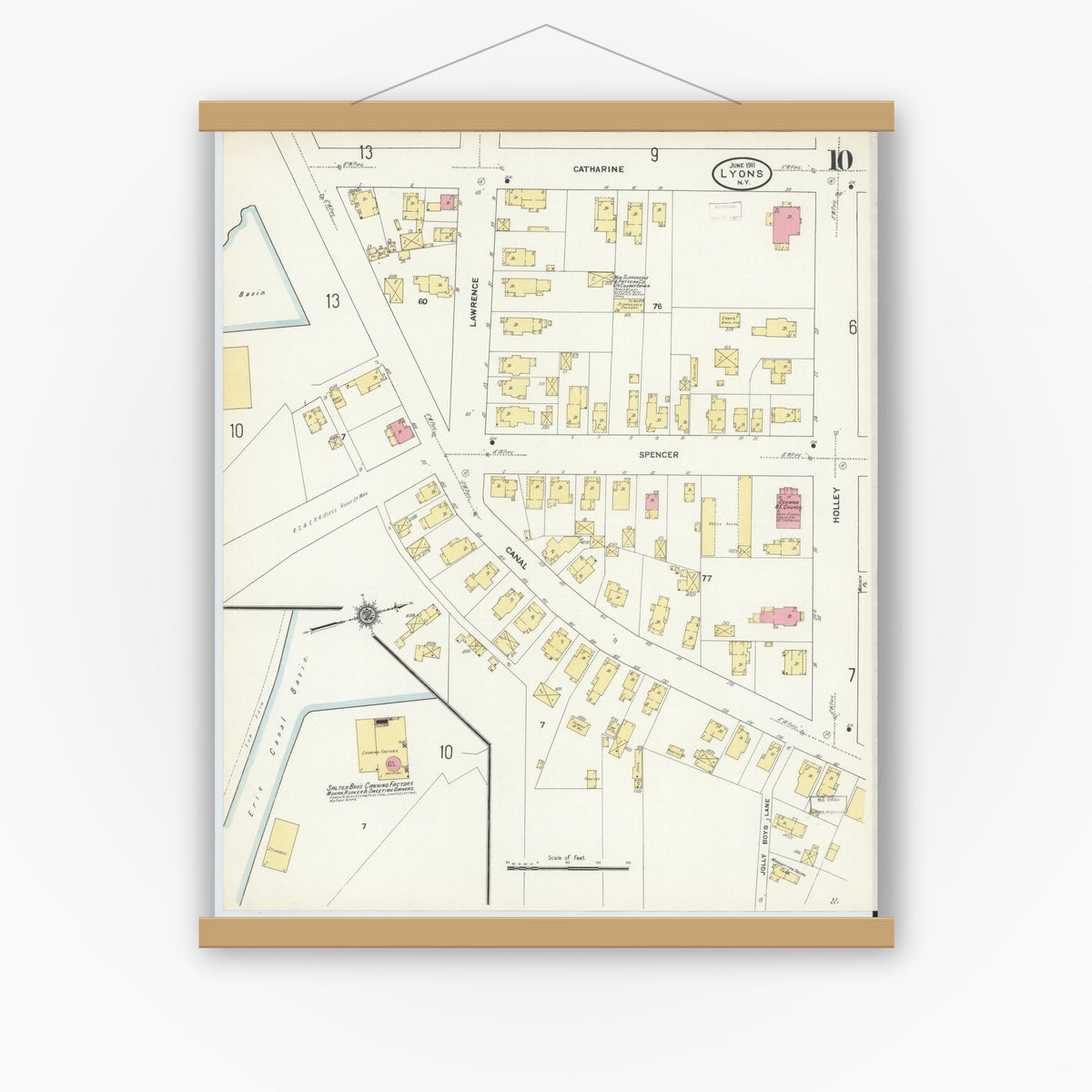 Old map wall art mockup — magnetic wood frame on white wall — Sanborn Fire Insurance Map from Lyons, Wayne County, New York (1911), Sheet #0010