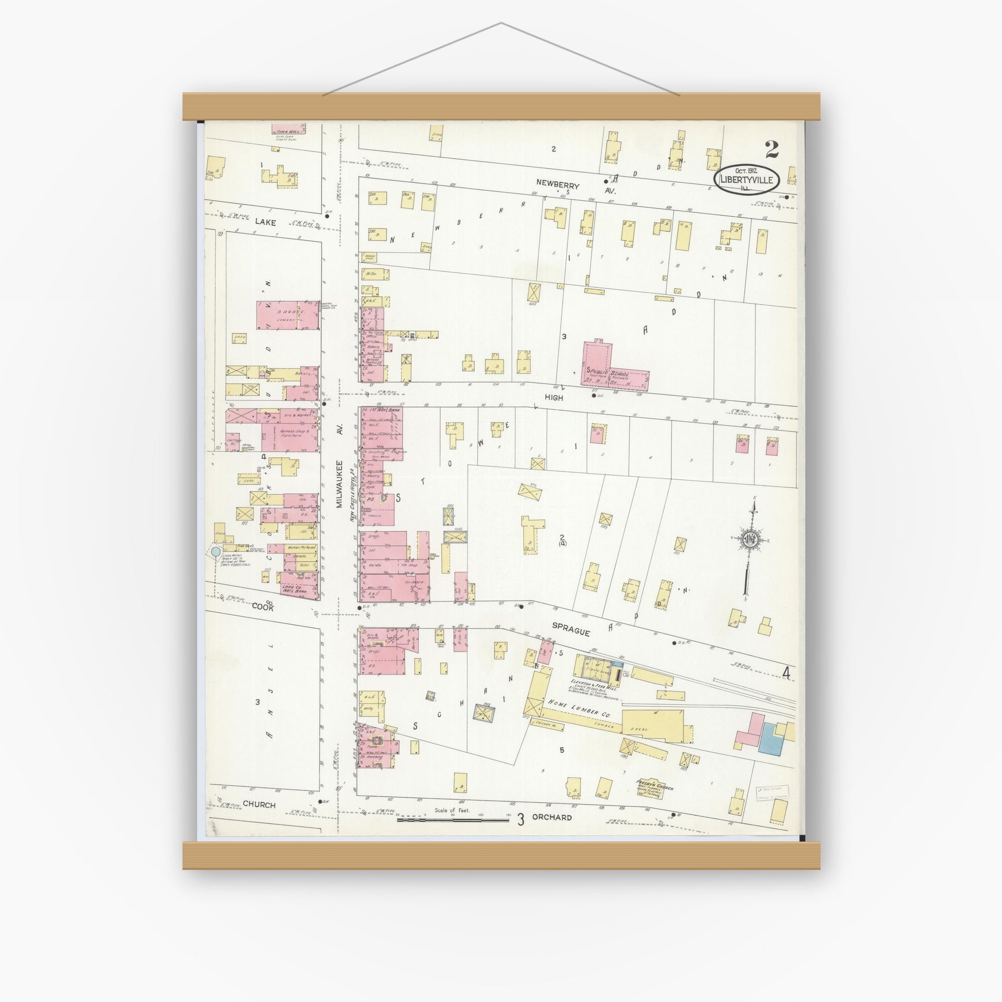 Old map wall art mockup — magnetic wood frame on white wall — Sanborn Fire Insurance Map from Libertyville, Lake County, Illinois (1912), Sheet #0002