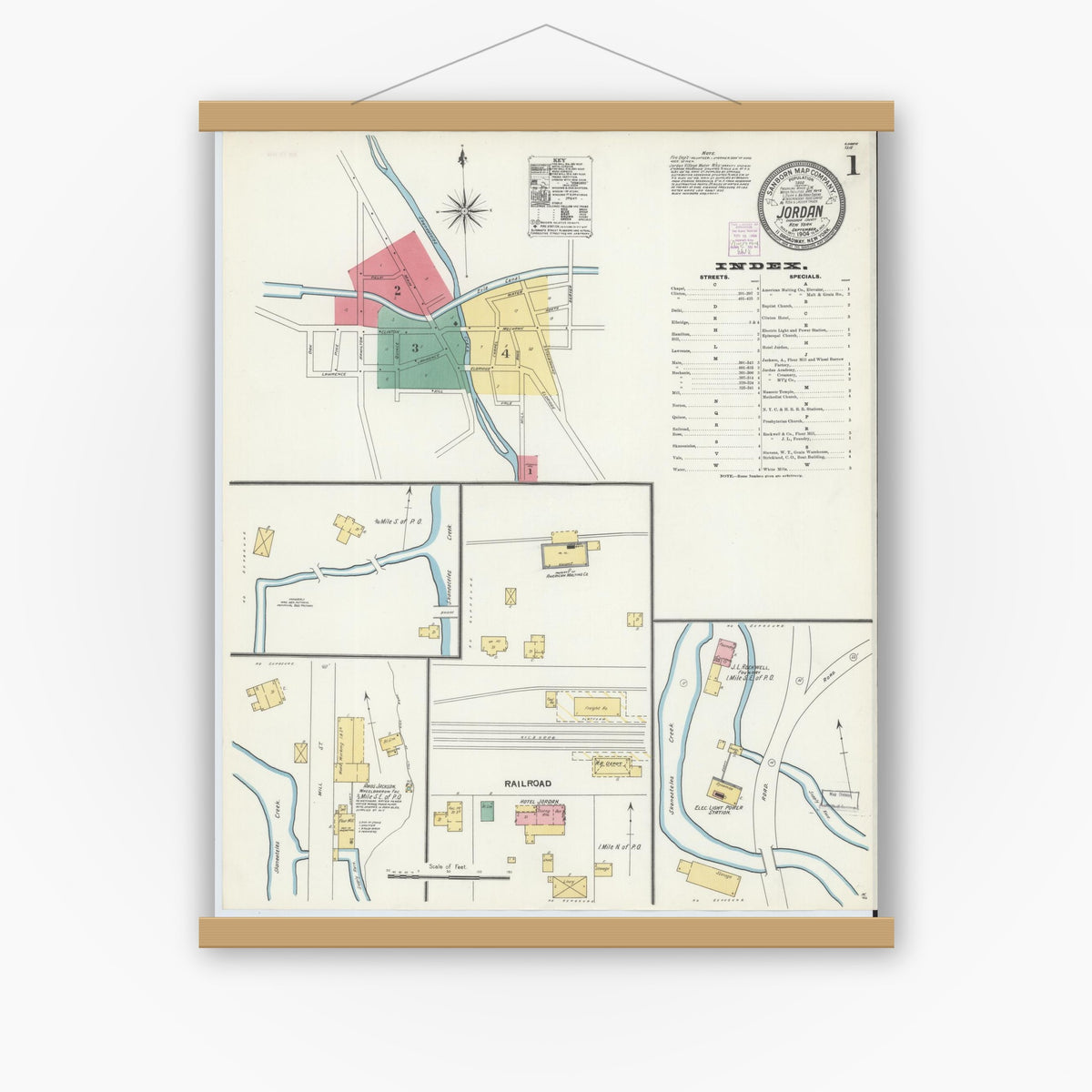 Old map wall art mockup — magnetic wood frame on white wall — Sanborn Fire Insurance Map from Jordan, Onondaga County, New York (1904) - Complete Map Set