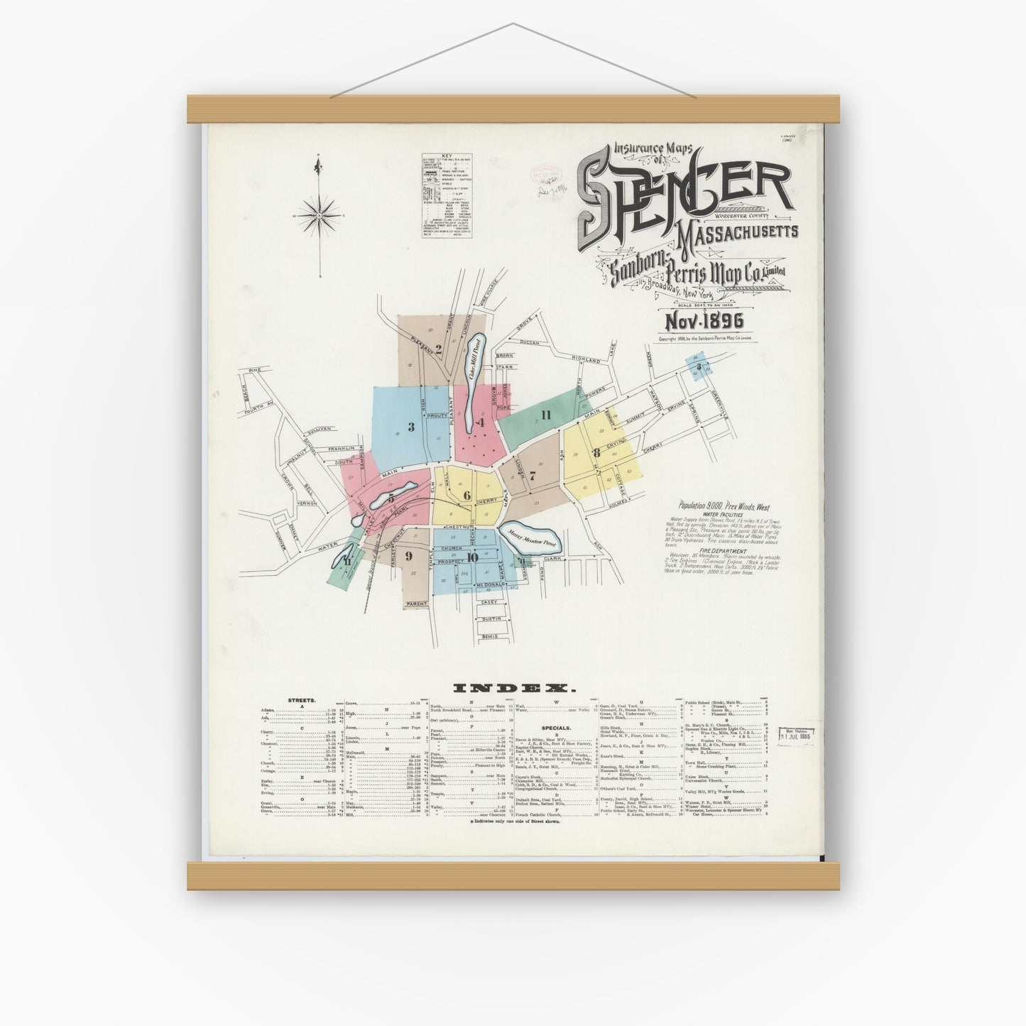 Old map wall art mockup — magnetic wood frame on white wall — Sanborn Fire Insurance Map from Spencer, Worcester County, Massachusetts (1896), Sheet #0001