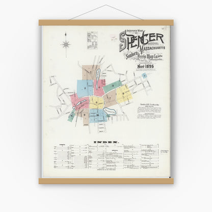 Old map wall art mockup — magnetic wood frame on white wall — Sanborn Fire Insurance Map from Spencer, Worcester County, Massachusetts (1896), Sheet #0001