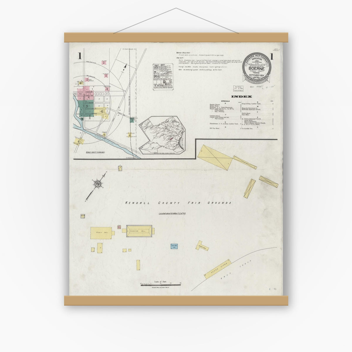 Old map wall art mockup — magnetic wood frame on white wall — Sanborn Fire Insurance Map from Boerne, Kendall County, Texas (1924), Sheet #0001